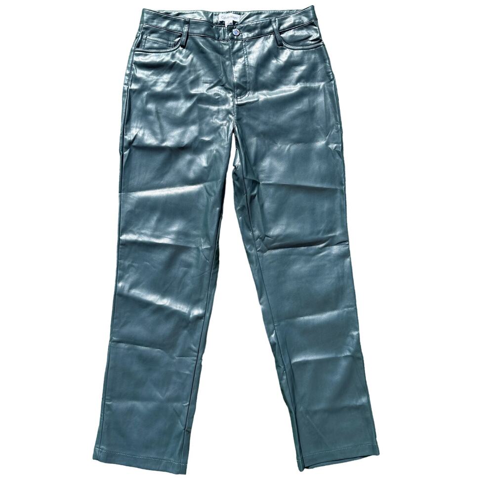 Calvin Klein Ankle Pants Straight Leg High Rise Faux Leather Green Womens Size 8
